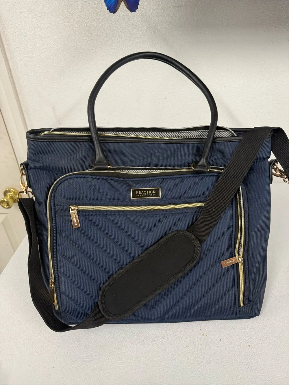 Kenneth Cole Reaction Navy Quilted Shoulder Tote with Gold Trim